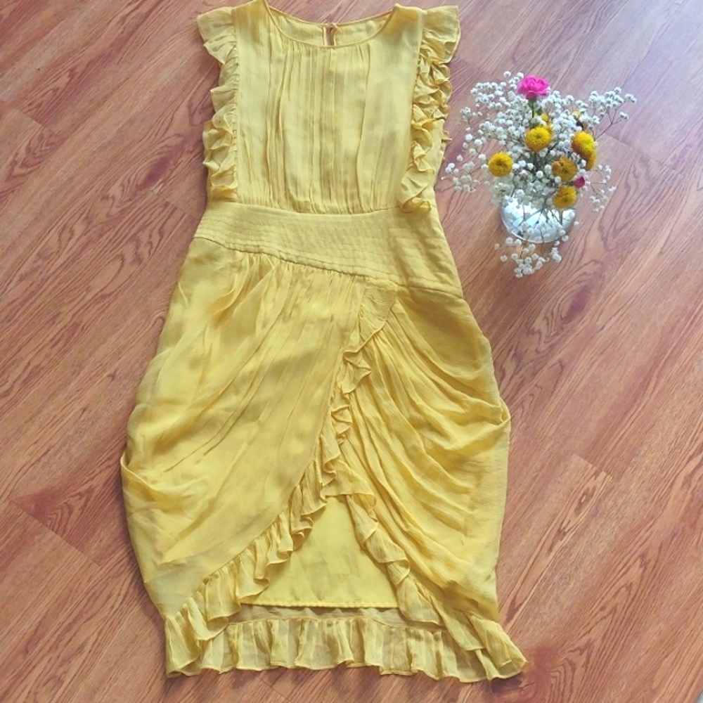 BCBG midi canary yellow dress 100% silk